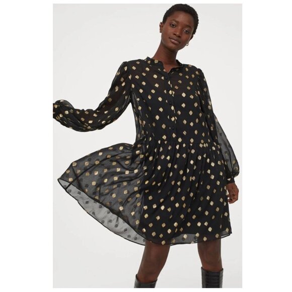 H&M Gold Dot Puff Sleeve A-Line Chiffon Dress - Picture 1 of 12